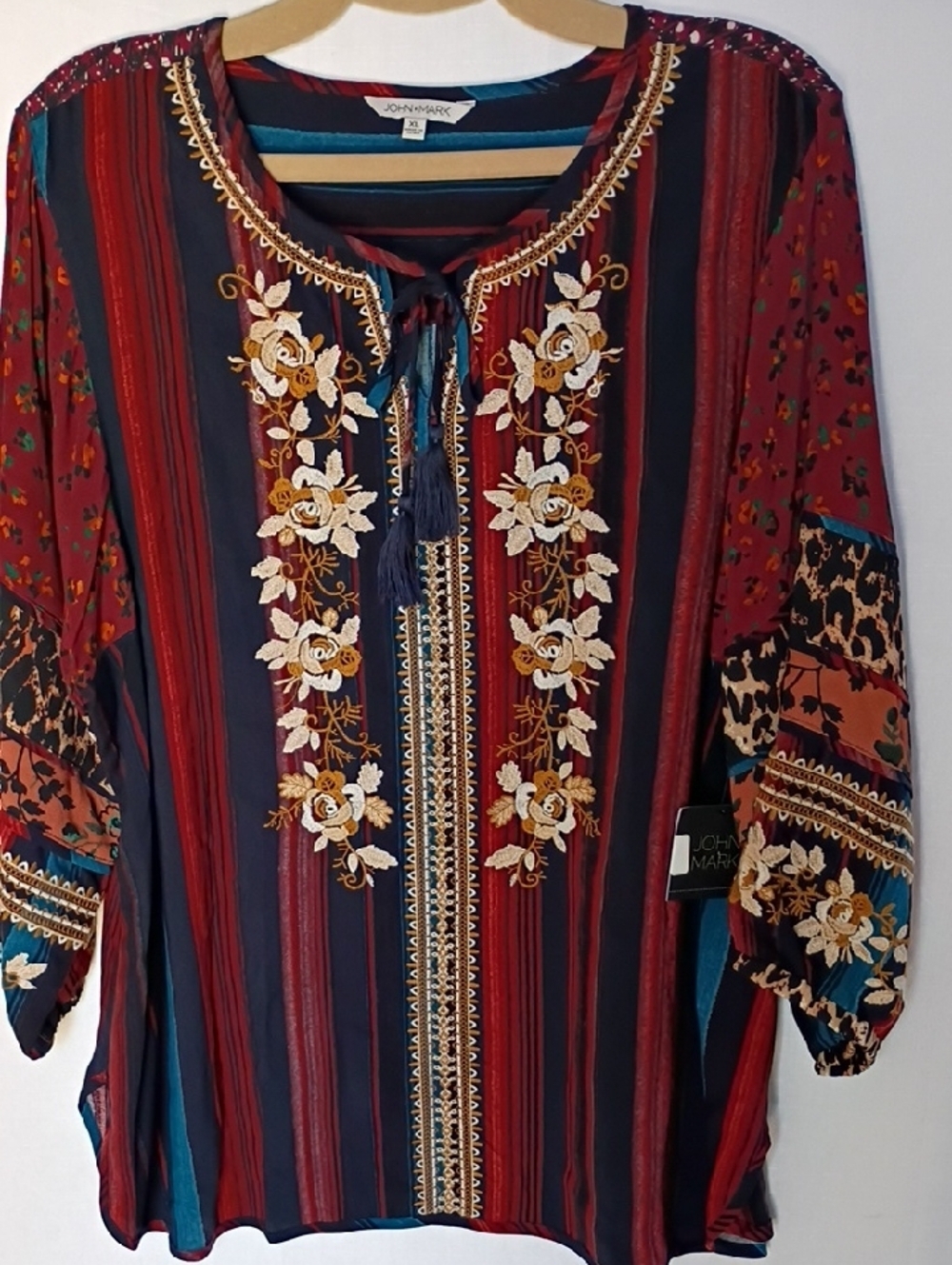 John Mark Embroidered Striped Boho Tunic in Red, Navy & Teal Size XL - Picture 3 of 13